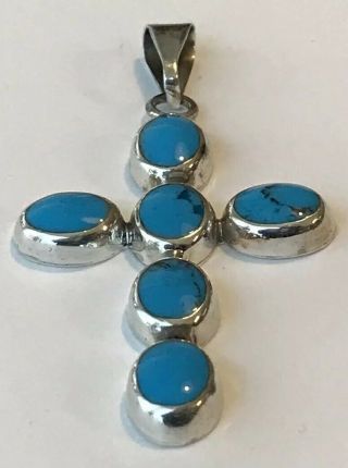 Vintage STERLING SILVER & TURQUOISE Crucifix CROSS Pendant MEXICO 2 - 1/2”,  9.  2g 7