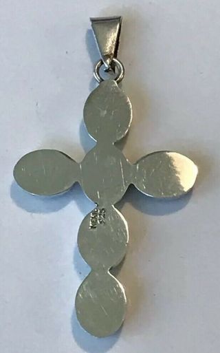Vintage STERLING SILVER & TURQUOISE Crucifix CROSS Pendant MEXICO 2 - 1/2”,  9.  2g 8