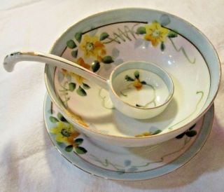 Vintage Nippon Hand Painted 3 Foot Porcelain Mayonnaise Bowl,  Under Plate,  Spoon
