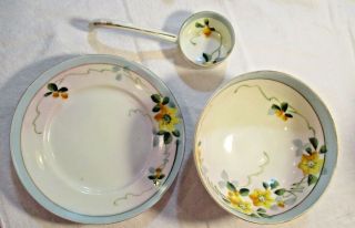 VINTAGE Nippon Hand Painted 3 Foot Porcelain Mayonnaise Bowl,  Under Plate,  Spoon 2