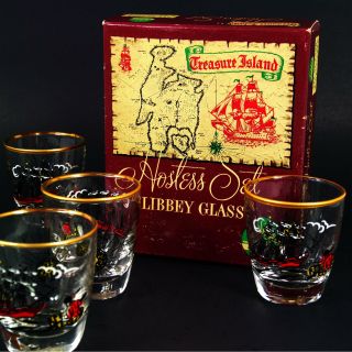 Vtg Libbey Glass Treasure Island Hostess Set 4 Jiggers Gold Rimmed Shot Glasses