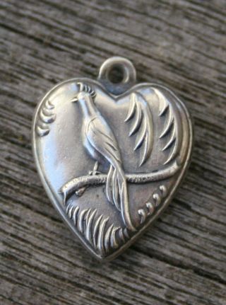 Vintage Sterling Silver Puffy Heart Charm - Bird Sitting On A Branch