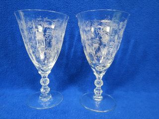 Vintage Fostoria Clear Crystal Chintz Etched 6 1/8 " Low Water Goblet Set Of 2