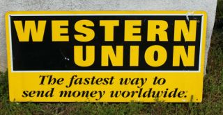 VINTAGE LARGE METAL TIN DOUBLE SIDED WESTERN UNION SIGN 5