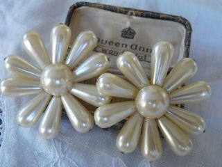 Fabulous Huge Vintage 1960s Pearl Flower Clip On Earrings