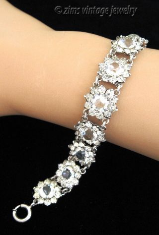 Vintage Art Deco Era Sterling Silver Riviere Crystal Floral Flower Link Bracelet
