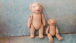 Cute Little " Hertwig " Vintage Style Bisque Porcelain Mummy & Baby Pig Dolls