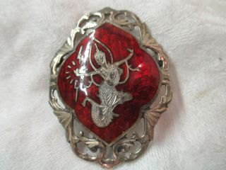 Vintage Siam Sterling Silver Red Niello Dancer Brooch Pin