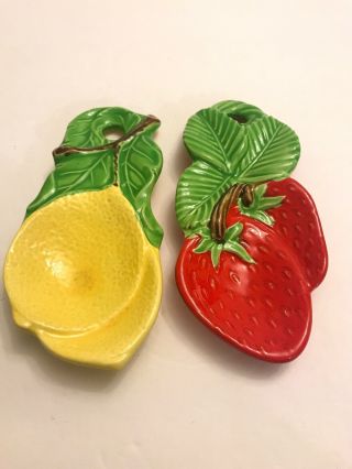 2 Vintage Strawberry Lemon Ceramic Glazed Spoon Rest Wall Hanging Made In Japan
