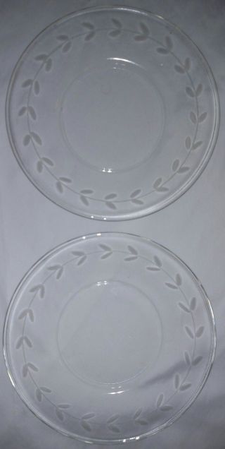 2 Vintage Anchor Hocking Gray Cut Etched Laurel Leaf Clear Glass Dessert Plates
