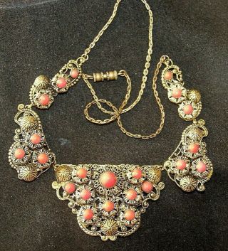 Vintage Jewelery Art Deco Gold Czech Filigree Coral Bead Panel Cocktail Necklace