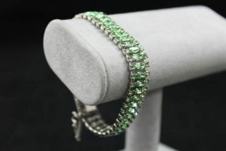 Vintage Silver Tone Metal Tennis Bracelet Green Rhinestone Bracelet Safety Chain