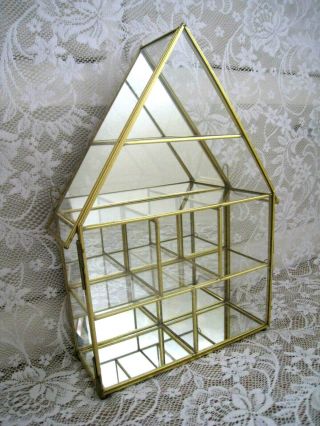 Vintage House Style Glass & Brass Seven Compartment Curio Display Case 12.  5 "