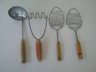 Vintage Primitive Cooking Utensils Wisk Potato Masher Spoons W/ Wood Handles