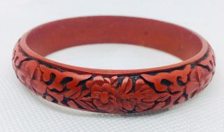 Vintage True Cinnabar Bangle Bracelet Hand Carved Wide Detailed Jewelry