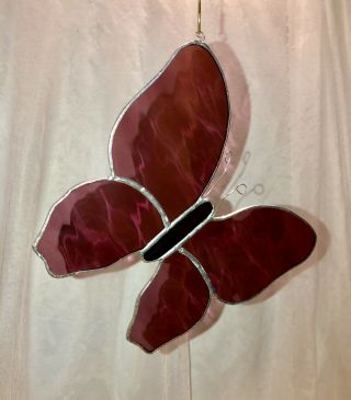 Stained Glass Monarch Butterfly Vtg Suncatcher Burgundy Red Large 6.  5 X 7.  75”