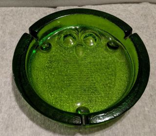 Vintage Large Blenko Thick Green Glass Owl Footed Ashtray
