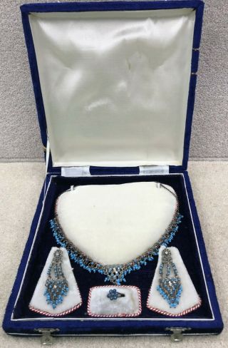 Vintage Costume Jewellery Set Silver With Blue Stones/beads,  Velvet Box 883