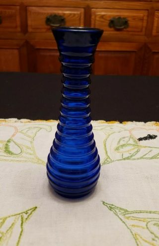 Small Ribbed Vintage Cobalt Blue Bud Vase 6 " Tall