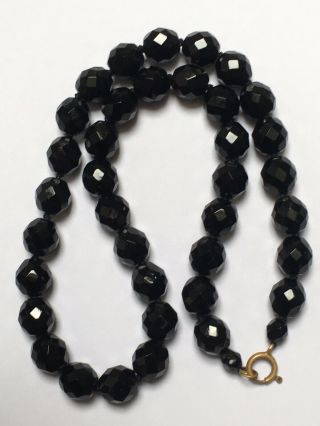 Vintage C1940s - 1950s French Jet Necklace Black Glass Large Beads Brass Clasp