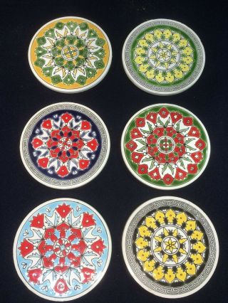 Vintage Made In Greece Drink Coasters Katsidoniotis Ceramic (6).  Hand Made