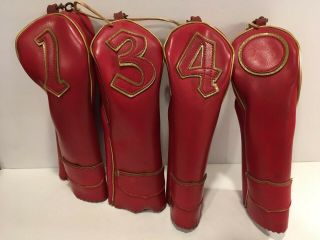 Golf Club Head Covers Red Leather Gold Trim 1 3 4 2 - 5 1960s Set Of 4 Vintage