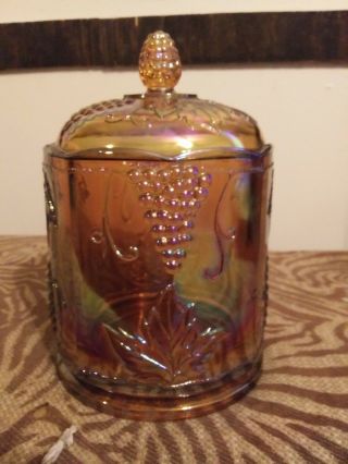 Vintage Indiana Amber Carnival Glass Grape And Leaf Pattern Candy Jar With Lid