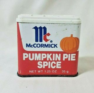 Vintage Mccormick Pumpkin Pie Spice Tin W/ Pumpkin Graphic - 1977 Made In Usa