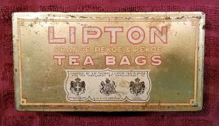 Vtg Gold Colored Lipton Tea Bag Tin Box Orange Pekoe & Pekoe Tea (1930 