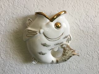 Cute Little Vintage Smiling Fish Wall Pocket Vase White W/gold Trim