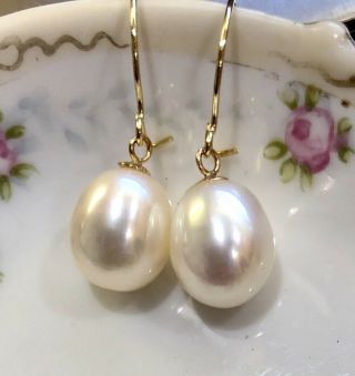 Gorgeous Vintage 14k Solid Yellow Gold 11x9mm White Pearl Earrings 3.  2g