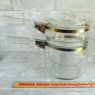 Vintage Pyrex Flameware 1 1/2 Qt Clear Glass Stove Top Double Boiler,  Lid 6763