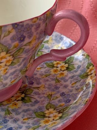 Vintage Shelley Chintz Primrose Teacup Saucer Set Pink Trim Bone China England 3