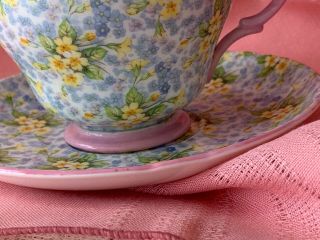Vintage Shelley Chintz Primrose Teacup Saucer Set Pink Trim Bone China England 4