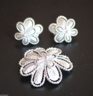 Vintage Crown Trifari Signed Matte Silver Tone Flower Brooch Pin Earring Set