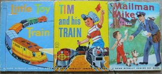 3 Vintage Rand Mcnally Jr Elf Books Tim & His Train,  Mailman Mike,  Little Toy