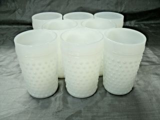 Vtg Anchor Hocking White Milk Glass Hobnail Set Of 8 - 4 3/8 " Tumblers 8 Oz 60s Ec