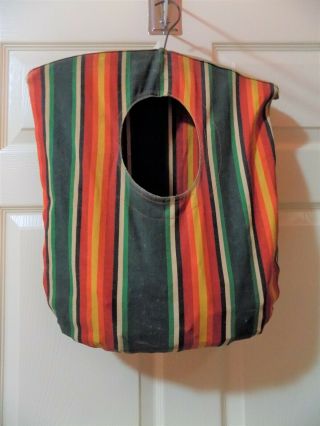 Clothes Pin Bag Striped Canvas With Vintage Wood Hanger 12 X 16 "