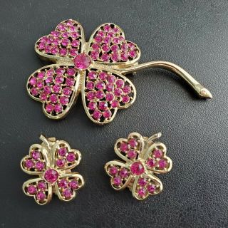 Signed Sarah Cov Vintage Pink Rhinestone Flower Brooch Pin & Earrings Set Bn2
