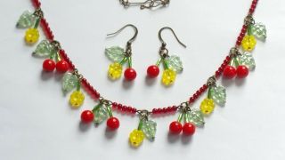 Czech Cherry/flower Glass Bead Necklace/earrings Set Vintage Deco Style