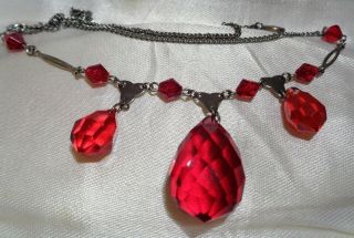 Vintage Art Deco Czech Signed Ruby Red Faceted Glass Bead Drop Necklace