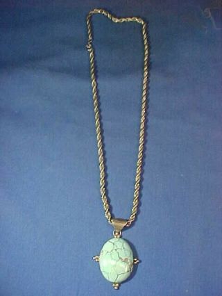 Vintage Navajo Sterling Silver Hand Crafted Necklace W Large Turquoise Pendant