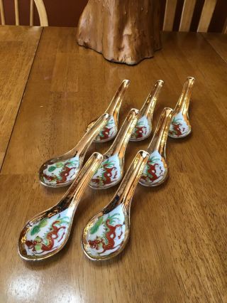 Vintage Chinese Porcelain Soup Rice Spoon Dragons Gold Trim Set Of 8