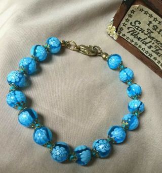 Vintage Venetian Murano Art Glass Blue Millefiori Beaded Bead Bracelet 8”