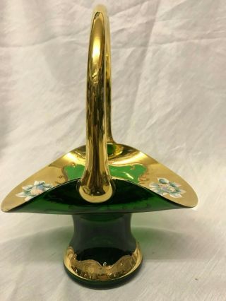 Vintage Emerald Green Glass Basket Gold Paint Accent