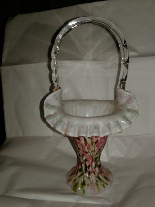 Vintage Fenton Vasa Murrhina Glass Basket Ruffled Rim Applied Handle Pink Green