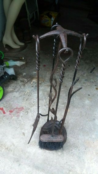 Fireplace Tool Set | Vintage Forged Iron | 4 - Piece Fireplace 1950 
