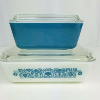 Vintage Pyrex Horizon Blue Refrigerator Dishes 503 502 With Lids
