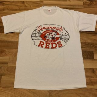 Vintage 80s Cincinnati Reds T - Shirt Size L White Vtg Tee Single Stitched
