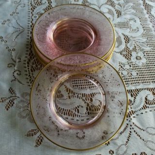 5 Vintage Etched Pink Depression Glass Bread And Butter Plates Gold Rim